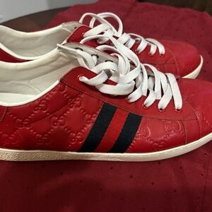 Gucci Red Leather Sneakers with Iconic Stripe